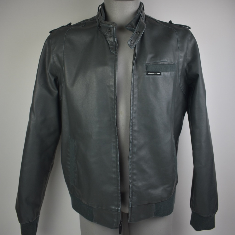 Vintage Faux Real Leather Racer Jacket Grey Large